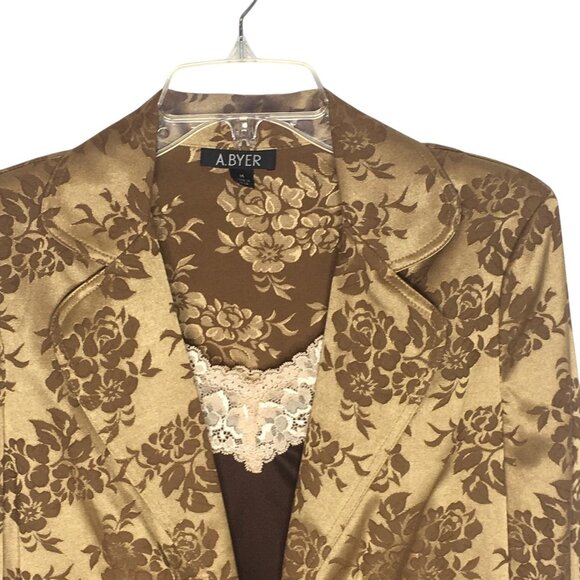 A. Byer Jacket Womens Medium Gold Brown Floral Jacquard Satin Tie Waist Blazer - Picture 16 of 16